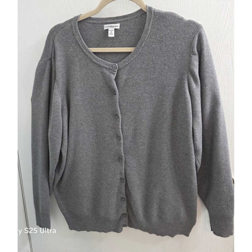 Croft & Barrow Womens Gray Solid Knit Button Front Crew Neck Cardigan Sweater 3X